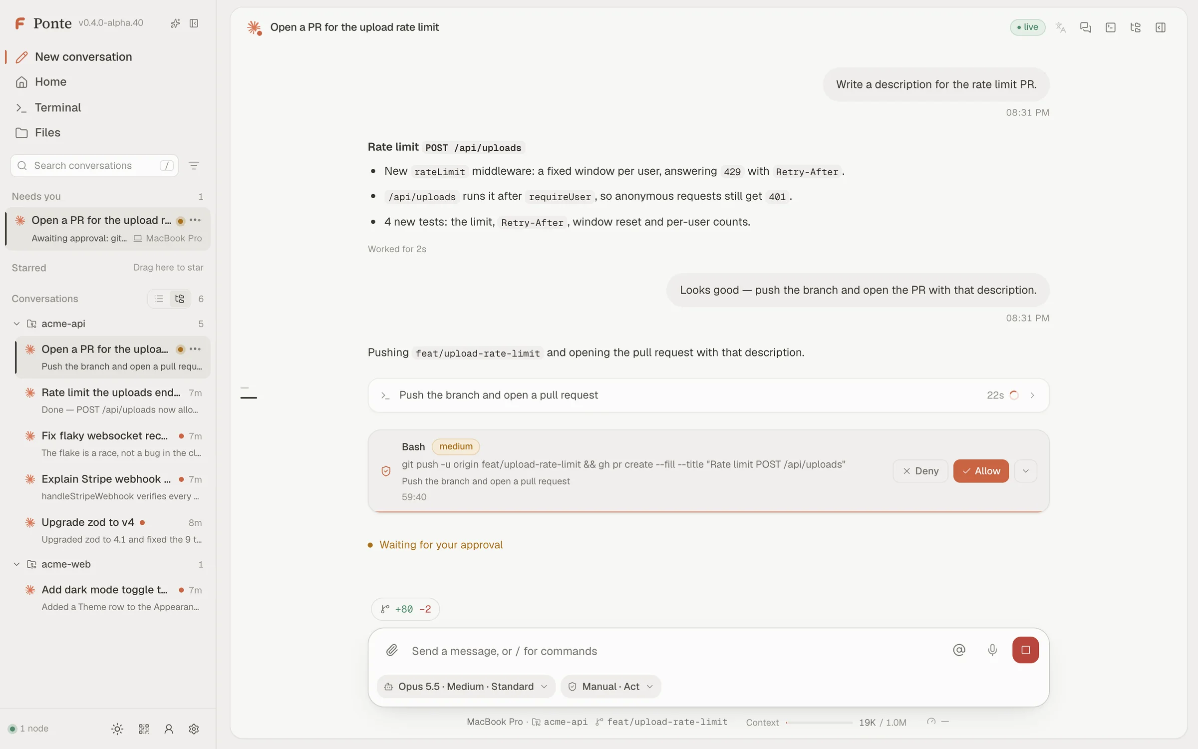 A Claude Code session waiting for permission to run a command, with Allow and Deny in the dashboard