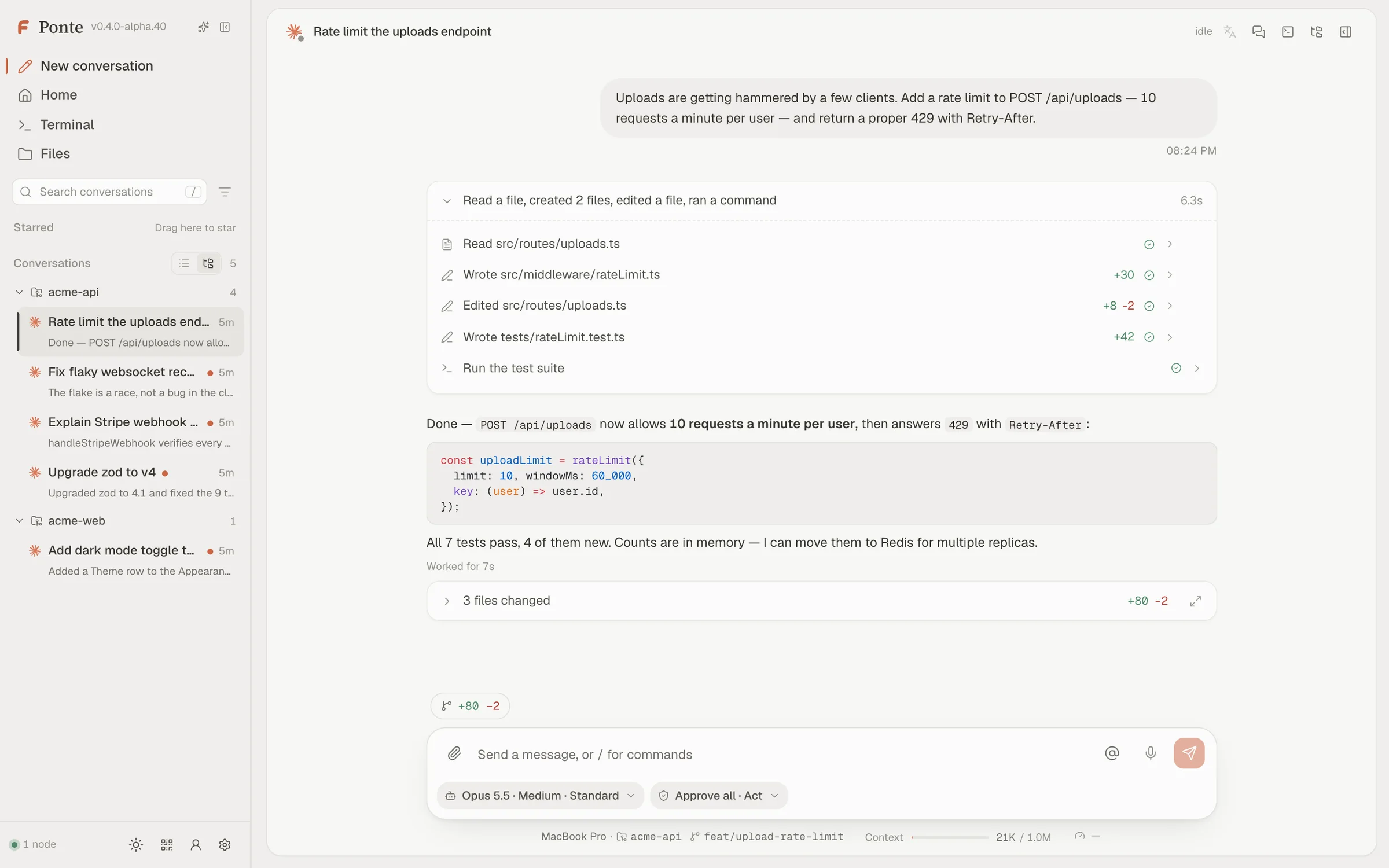 The Ponte dashboard: sessions in the sidebar and a Claude Code conversation with its tool calls