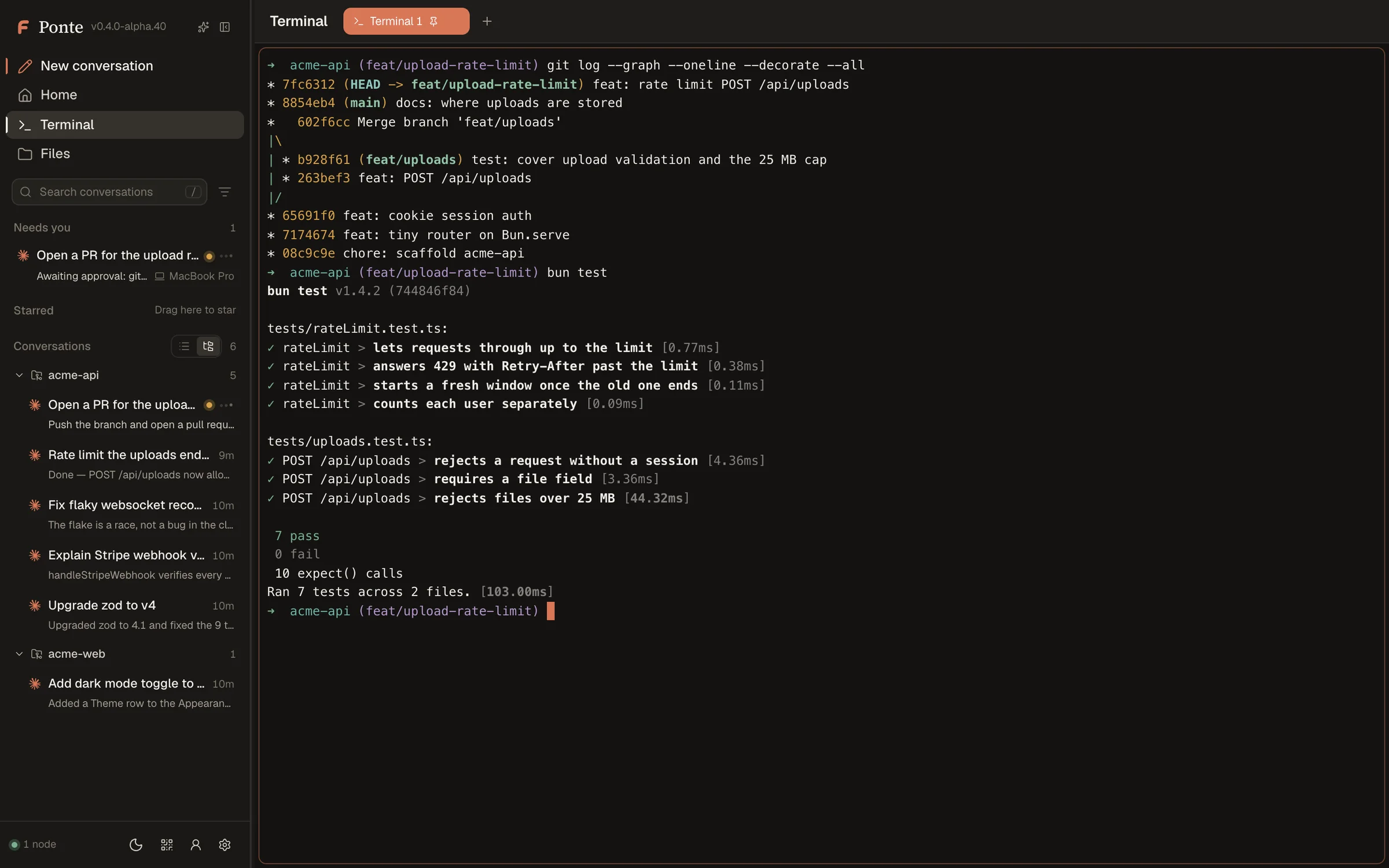 A terminal in the Ponte dashboard showing a git history and a passing test run